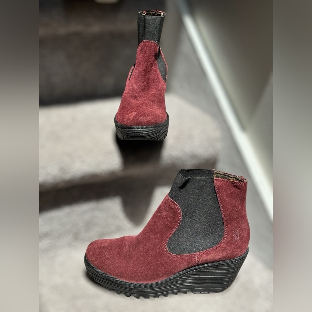 SOLD NEW Fly London Wine Suede Leather Wedge Ankle Boots Pull-On Women’s US 7.5 - Picture 2 of 10